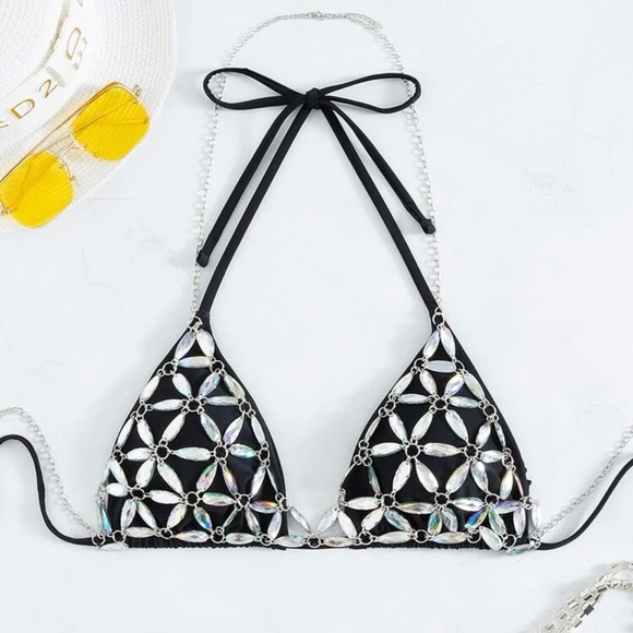 Black and rhinestones bikini set. Size medium top, Small bottoms. BNWT!! - Picture 2 of 13